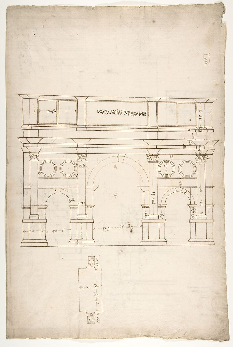 Arch of Constantine, elev, partial plan (recto) Arch of Constantine, profiles of base, shaft and entablature (verso), Drawn by Anonymous, French, 16th century, Dark brown ink, black chalk, and incised lines 