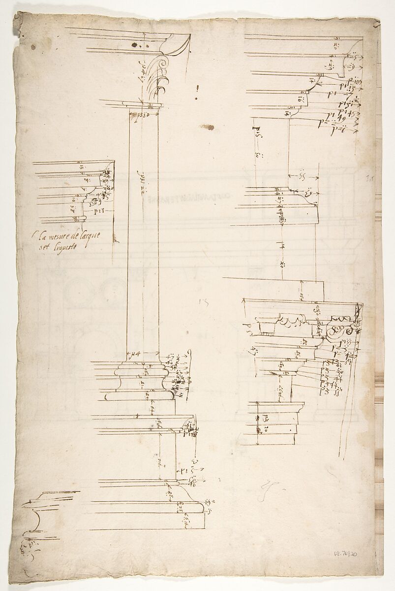 Arch of Constantine, elev, partial plan (recto) Arch of Constantine, profiles of base, shaft and entablature (verso), Drawn by Anonymous, French, 16th century, Dark brown ink, black chalk, and incised lines