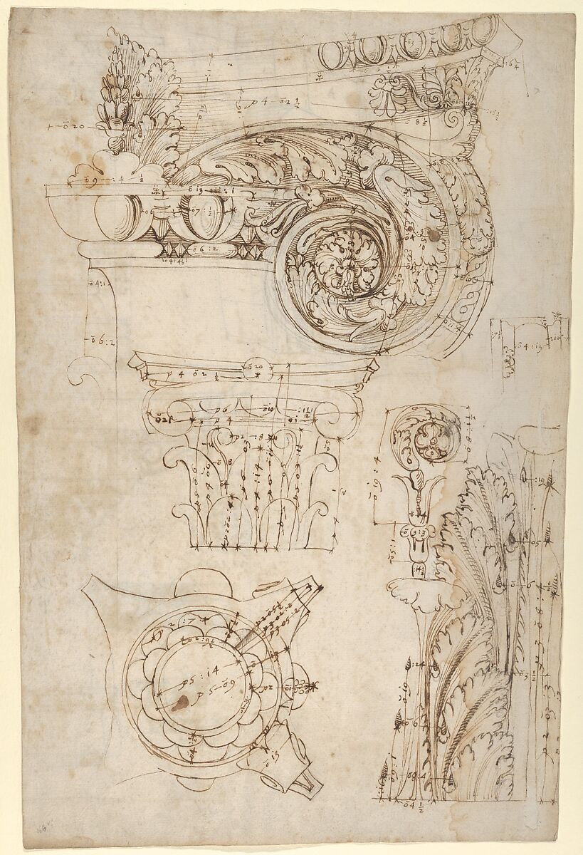 Composite capital, plan, elevation, and details; frieze, detail (recto) Forum of Nerva, entablature and attic, profiles; portico, perspective, and cornice, profile (verso), Drawn by Anonymous, French, 16th century, Dark brown ink, black chalk, and incised lines 