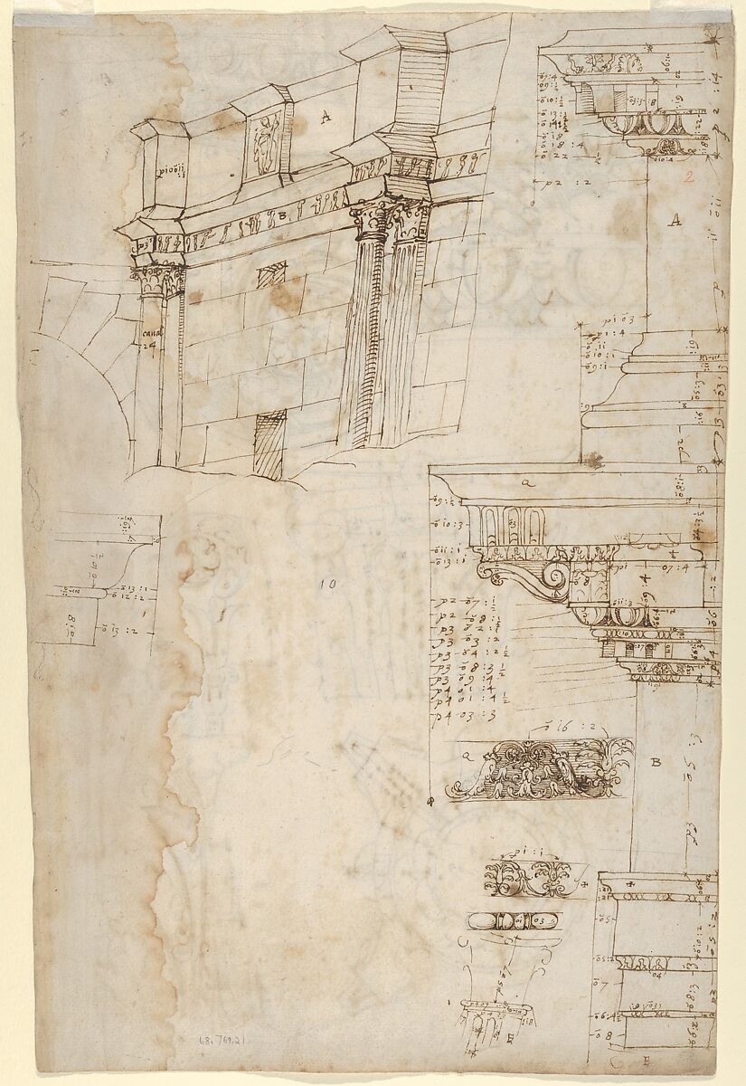 Composite capital, plan, elevation, and details; frieze, detail (recto) Forum of Nerva, entablature and attic, profiles; portico, perspective, and cornice, profile (verso), Drawn by Anonymous, French, 16th century, Dark brown ink, black chalk, and incised lines