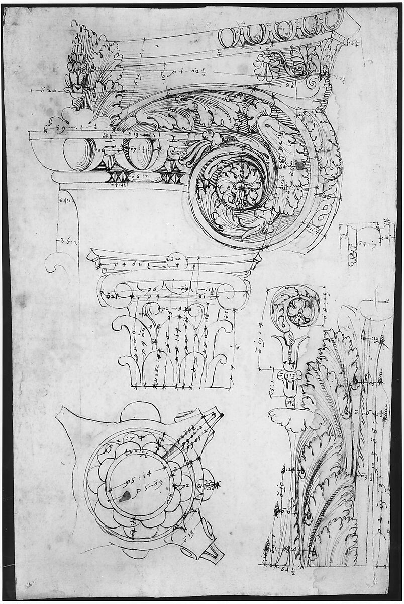 Composite capital, plan, elevation, and details; frieze, detail (recto) Forum of Nerva, entablature and attic, profiles; portico, perspective, and cornice, profile (verso), Drawn by Anonymous, French, 16th century, Dark brown ink, black chalk, and incised lines