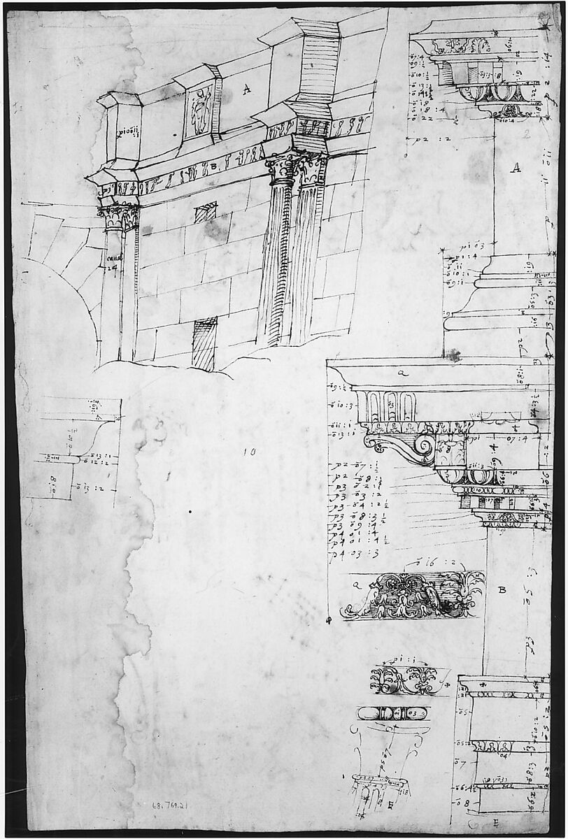 Composite capital, plan, elevation, and details; frieze, detail (recto) Forum of Nerva, entablature and attic, profiles; portico, perspective, and cornice, profile (verso), Drawn by Anonymous, French, 16th century, Dark brown ink, black chalk, and incised lines