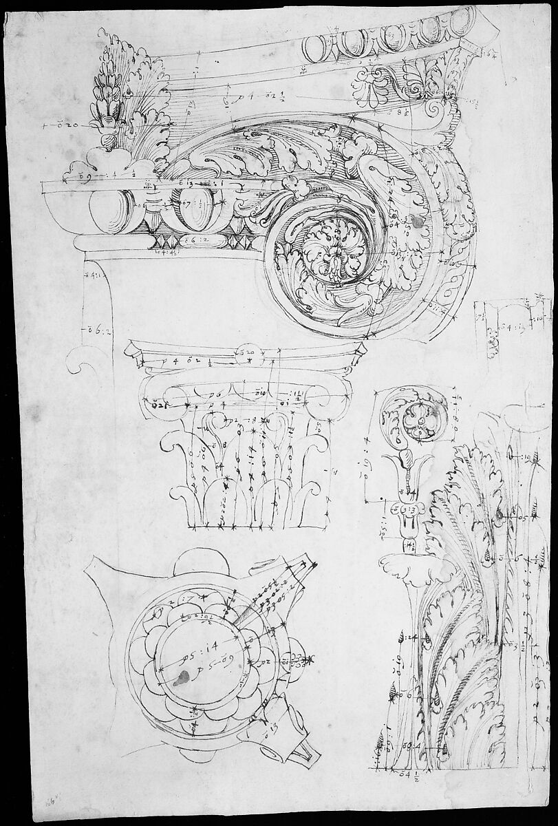 Composite capital, plan, elevation, and details; frieze, detail (recto) Forum of Nerva, entablature and attic, profiles; portico, perspective, and cornice, profile (verso), Drawn by Anonymous, French, 16th century, Dark brown ink, black chalk, and incised lines