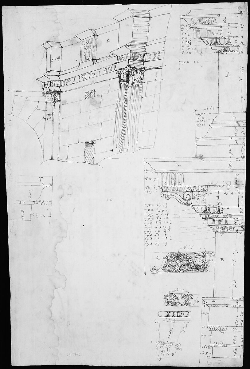 Composite capital, plan, elevation, and details; frieze, detail (recto) Forum of Nerva, entablature and attic, profiles; portico, perspective, and cornice, profile (verso), Drawn by Anonymous, French, 16th century, Dark brown ink, black chalk, and incised lines