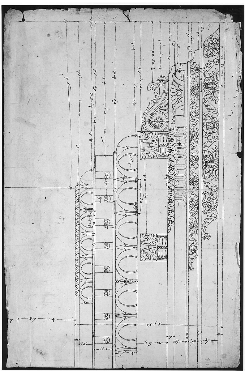 Temple of Minerva, elevation of cornice (recto) Temple of Minerva, elevation of capital and base (verso), Drawn by Anonymous, French, 16th century, Dark brown ink, black chalk, and incised lines