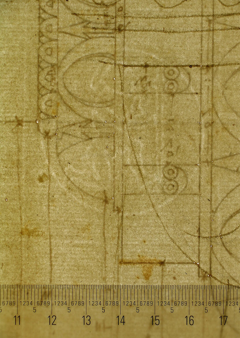 Temple of Minerva, elevation of cornice (recto) Temple of Minerva, elevation of capital and base (verso), Drawn by Anonymous, French, 16th century, Dark brown ink, black chalk, and incised lines