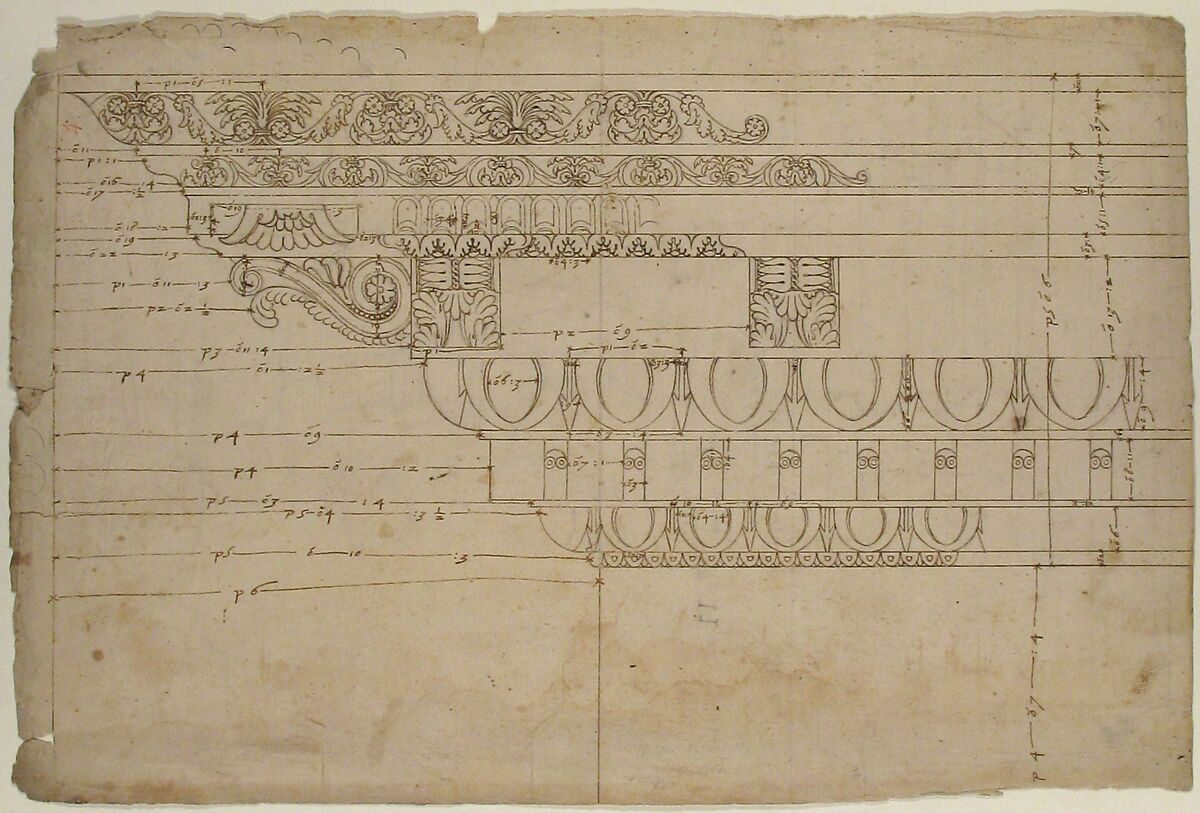 Temple of Minerva, elevation of cornice (recto) Temple of Minerva, elevation of capital and base (verso), Drawn by Anonymous, French, 16th century, Dark brown ink, black chalk, and incised lines