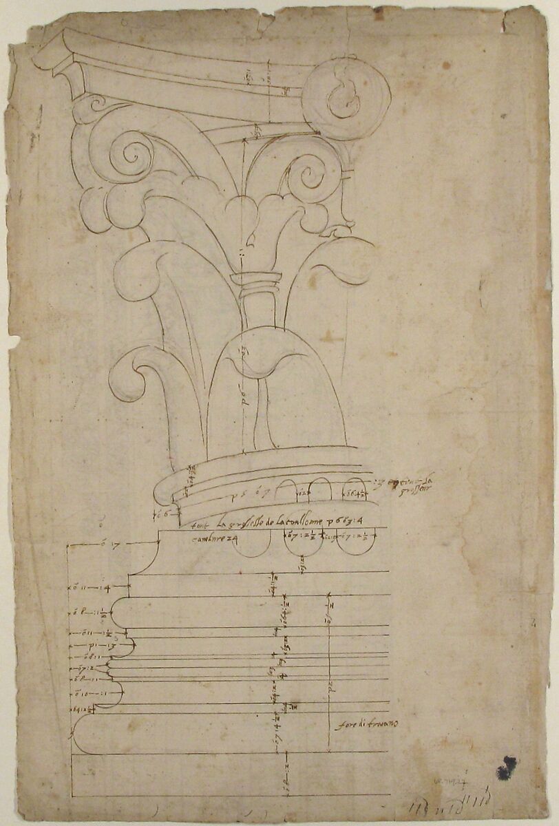 Temple of Minerva, elevation of cornice (recto) Temple of Minerva, elevation of capital and base (verso), Drawn by Anonymous, French, 16th century, Dark brown ink, black chalk, and incised lines