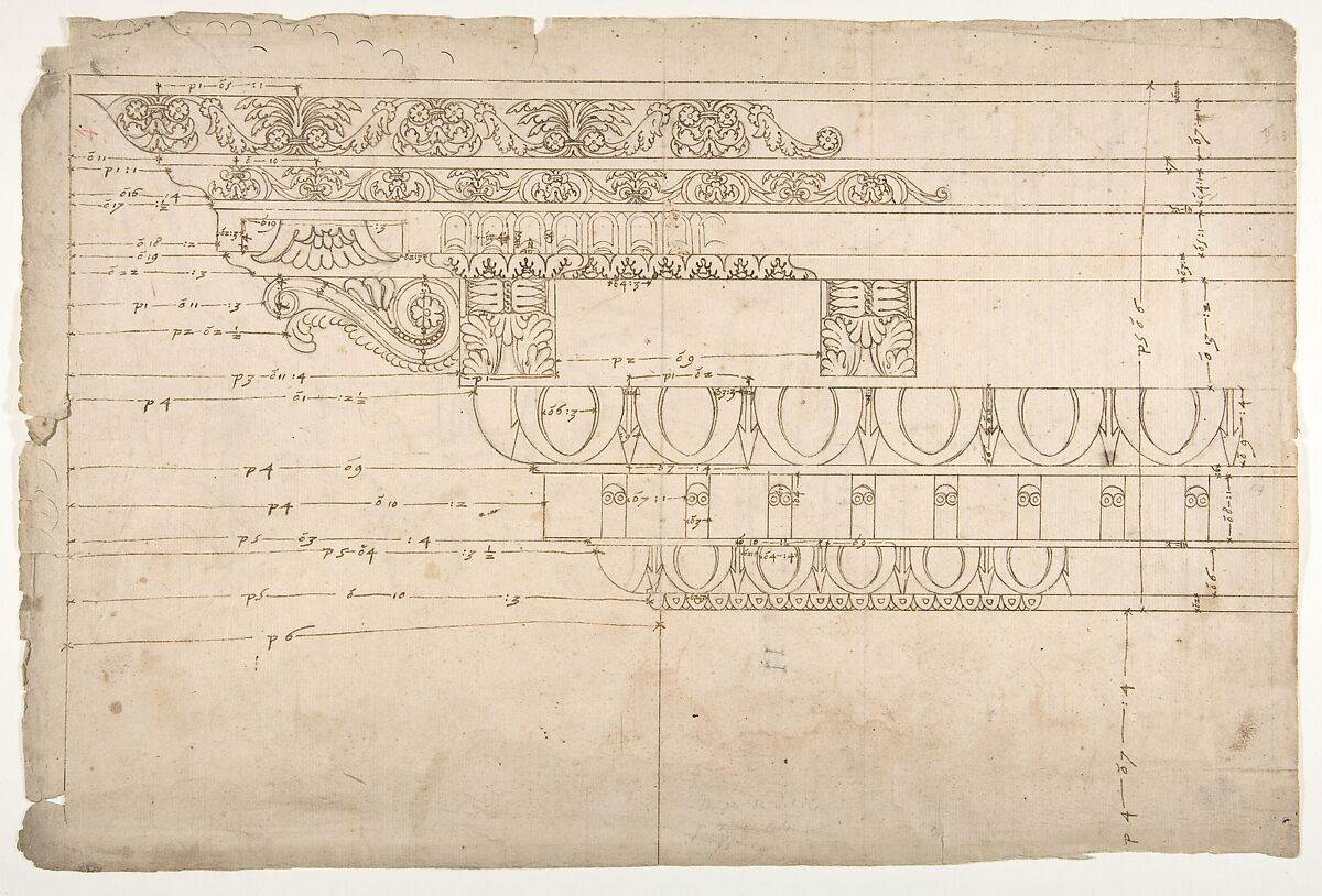 Temple of Minerva, elevation of cornice (recto) Temple of Minerva, elevation of capital and base (verso), Drawn by Anonymous, French, 16th century, Dark brown ink, black chalk, and incised lines 