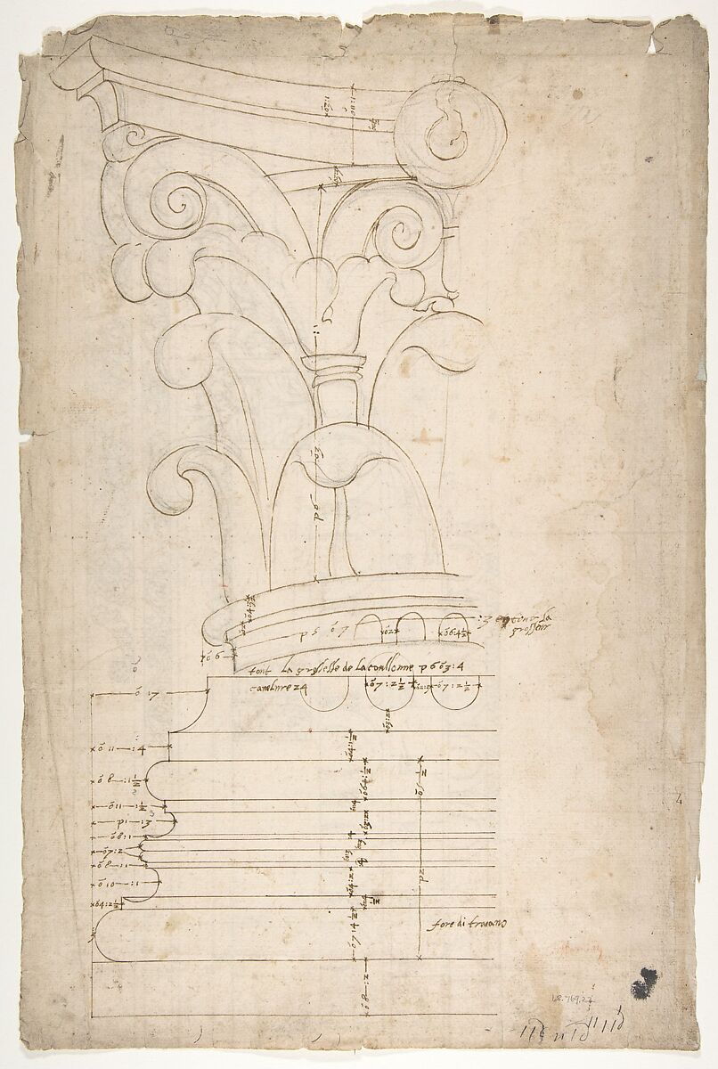 Temple of Minerva, elevation of cornice (recto) Temple of Minerva, elevation of capital and base (verso), Drawn by Anonymous, French, 16th century, Dark brown ink, black chalk, and incised lines