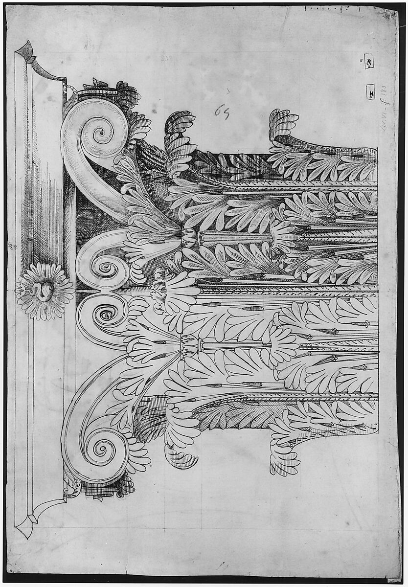 Unknown, Corinthian capital, elevation (recto) Unknown, Corinthian capital, plan diagram and detail (verso), Drawn by Anonymous, French, 16th century, Dark brown ink, black chalk, and incised lines