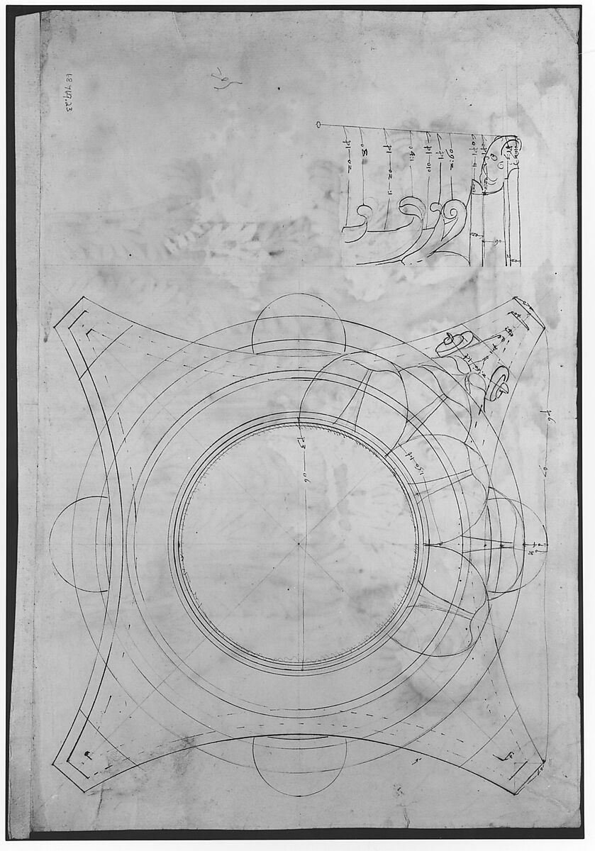 Unknown, Corinthian capital, elevation (recto) Unknown, Corinthian capital, plan diagram and detail (verso), Drawn by Anonymous, French, 16th century, Dark brown ink, black chalk, and incised lines