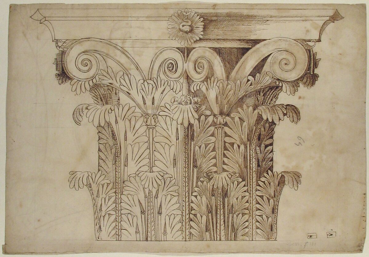 Unknown, Corinthian capital, elevation (recto) Unknown, Corinthian capital, plan diagram and detail (verso), Drawn by Anonymous, French, 16th century, Dark brown ink, black chalk, and incised lines