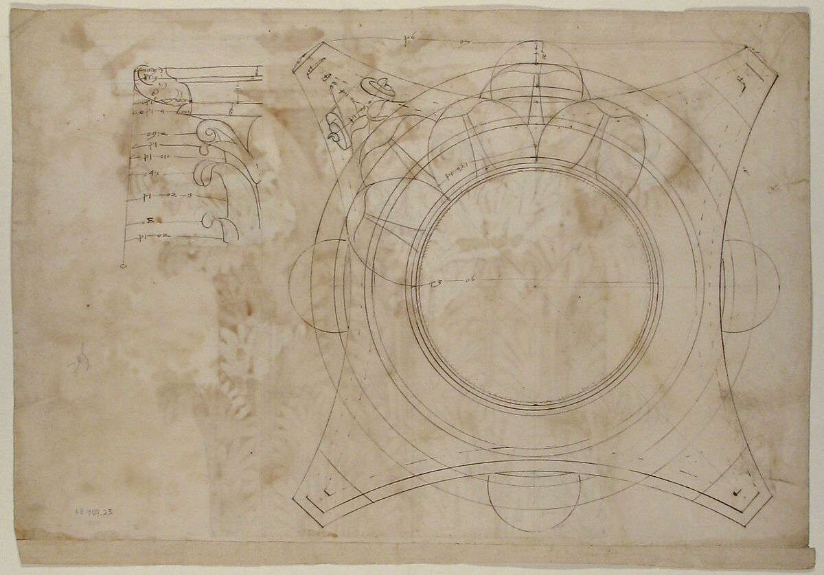 Unknown, Corinthian capital, elevation (recto) Unknown, Corinthian capital, plan diagram and detail (verso), Drawn by Anonymous, French, 16th century, Dark brown ink, black chalk, and incised lines