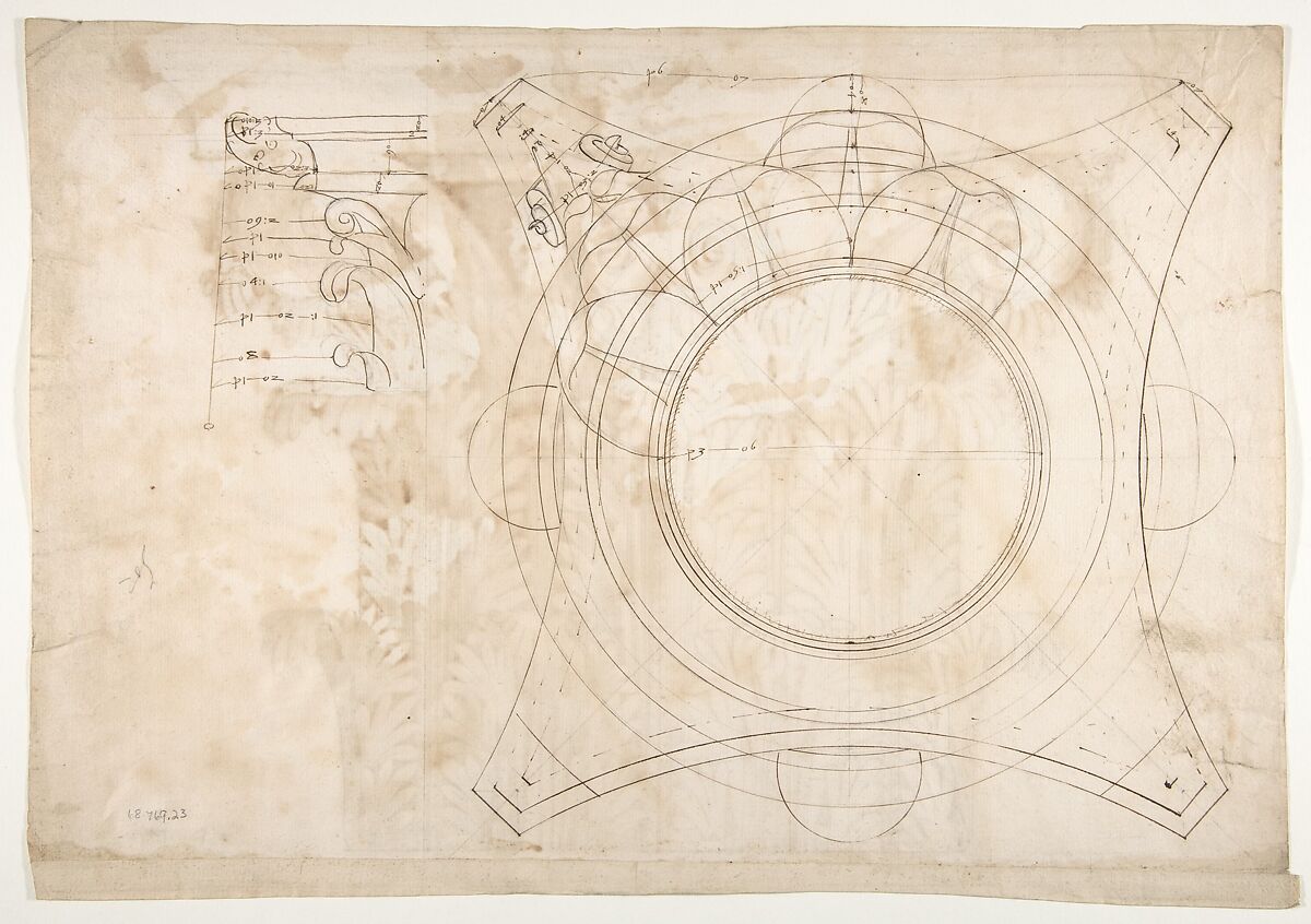 Unknown, Corinthian capital, elevation (recto) Unknown, Corinthian capital, plan diagram and detail (verso), Drawn by Anonymous, French, 16th century, Dark brown ink, black chalk, and incised lines