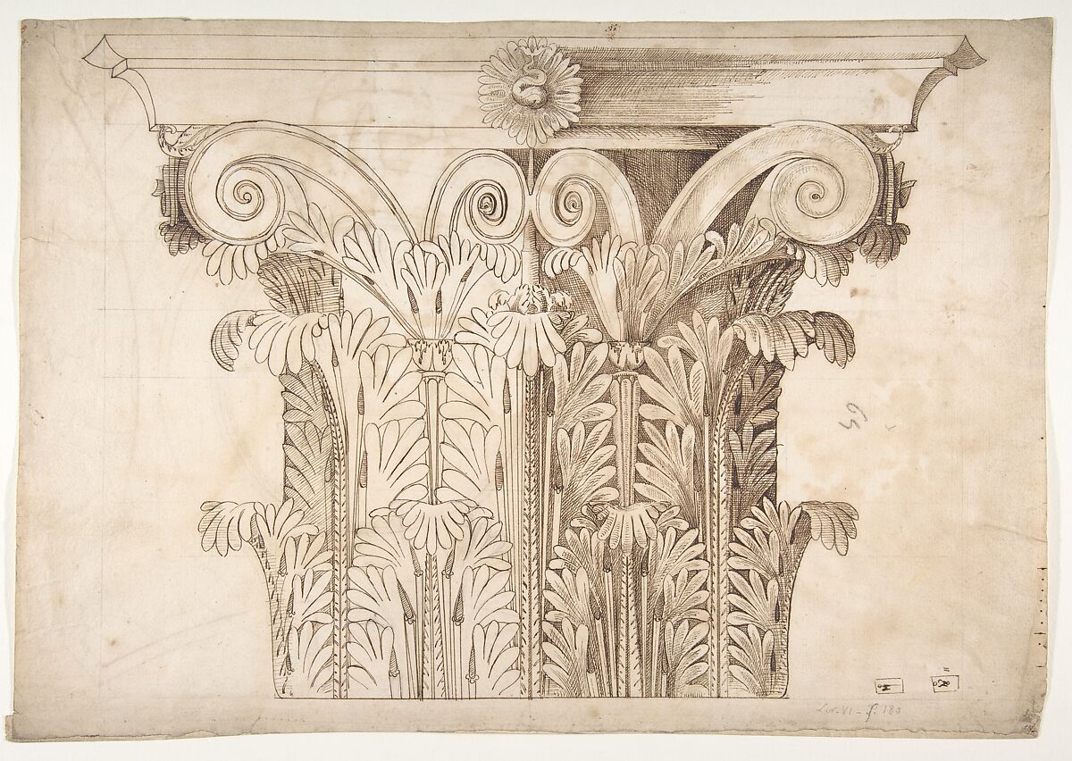 Unknown, Corinthian capital, elevation (recto) Unknown, Corinthian capital, plan diagram and detail (verso), Drawn by Anonymous, French, 16th century, Dark brown ink, black chalk, and incised lines 
