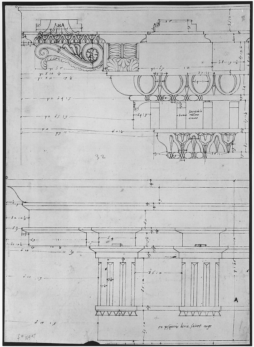 Basilica Ulpia, cornice, elevation profile with ornamental detailing; Domus Turciorum, entablature, elevation profile (recto) Domus Turciorum, elevation, perspective (verso), Drawn by Anonymous, French, 16th century, Dark brown ink, black chalk, and incised lines
