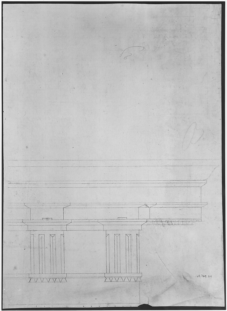 Basilica Ulpia, cornice, elevation profile with ornamental detailing; Domus Turciorum, entablature, elevation profile (recto) Domus Turciorum, elevation, perspective (verso), Drawn by Anonymous, French, 16th century, Dark brown ink, black chalk, and incised lines