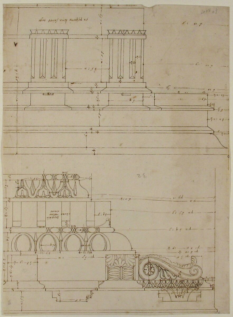 Basilica Ulpia, cornice, elevation profile with ornamental detailing; Domus Turciorum, entablature, elevation profile (recto) Domus Turciorum, elevation, perspective (verso), Drawn by Anonymous, French, 16th century, Dark brown ink, black chalk, and incised lines