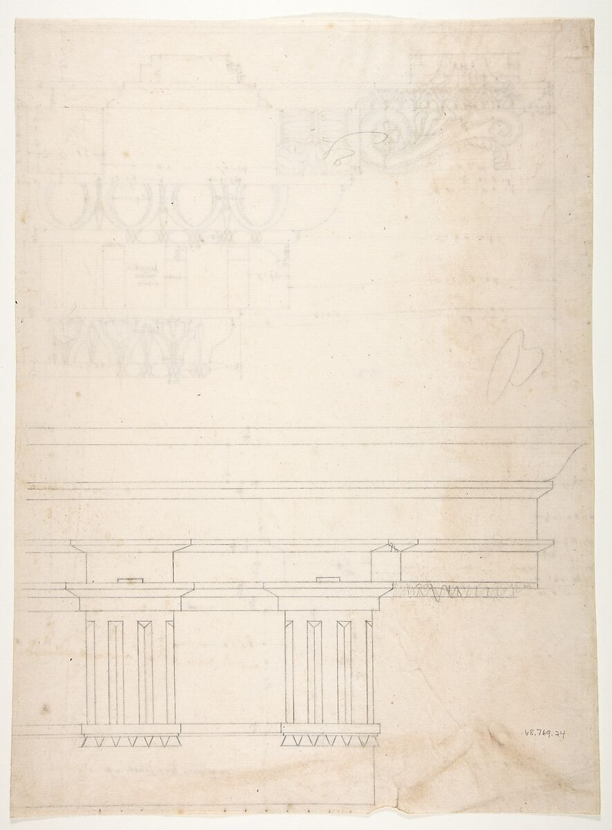 Basilica Ulpia, cornice, elevation profile with ornamental detailing; Domus Turciorum, entablature, elevation profile (recto) Domus Turciorum, elevation, perspective (verso), Drawn by Anonymous, French, 16th century, Dark brown ink, black chalk, and incised lines