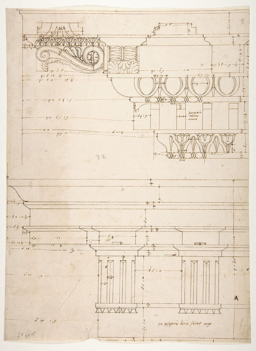 Basilica Ulpia, cornice, elevation profile with ornamental detailing; Domus Turciorum, entablature, elevation profile (recto) Domus Turciorum, elevation, perspective (verso), Drawn by Anonymous, French, 16th century, Dark brown ink, black chalk, and incised lines 