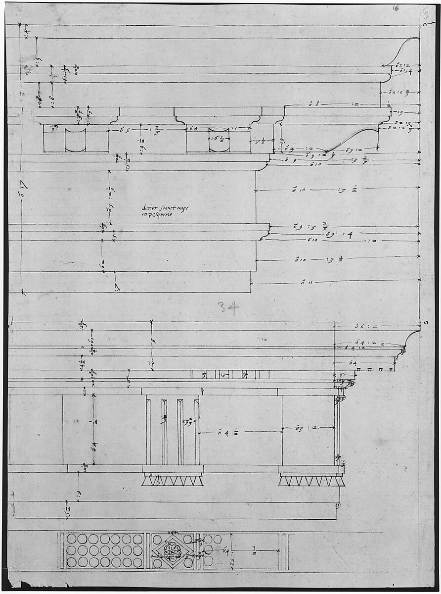 Unidentified, Doric cornice, elevation; Theater of Marcellus, Doric cornice, elevation (recto) Unidentified, cornice, elevation (verso), Drawn by Anonymous, French, 16th century, Dark brown ink, black chalk, and incised lines