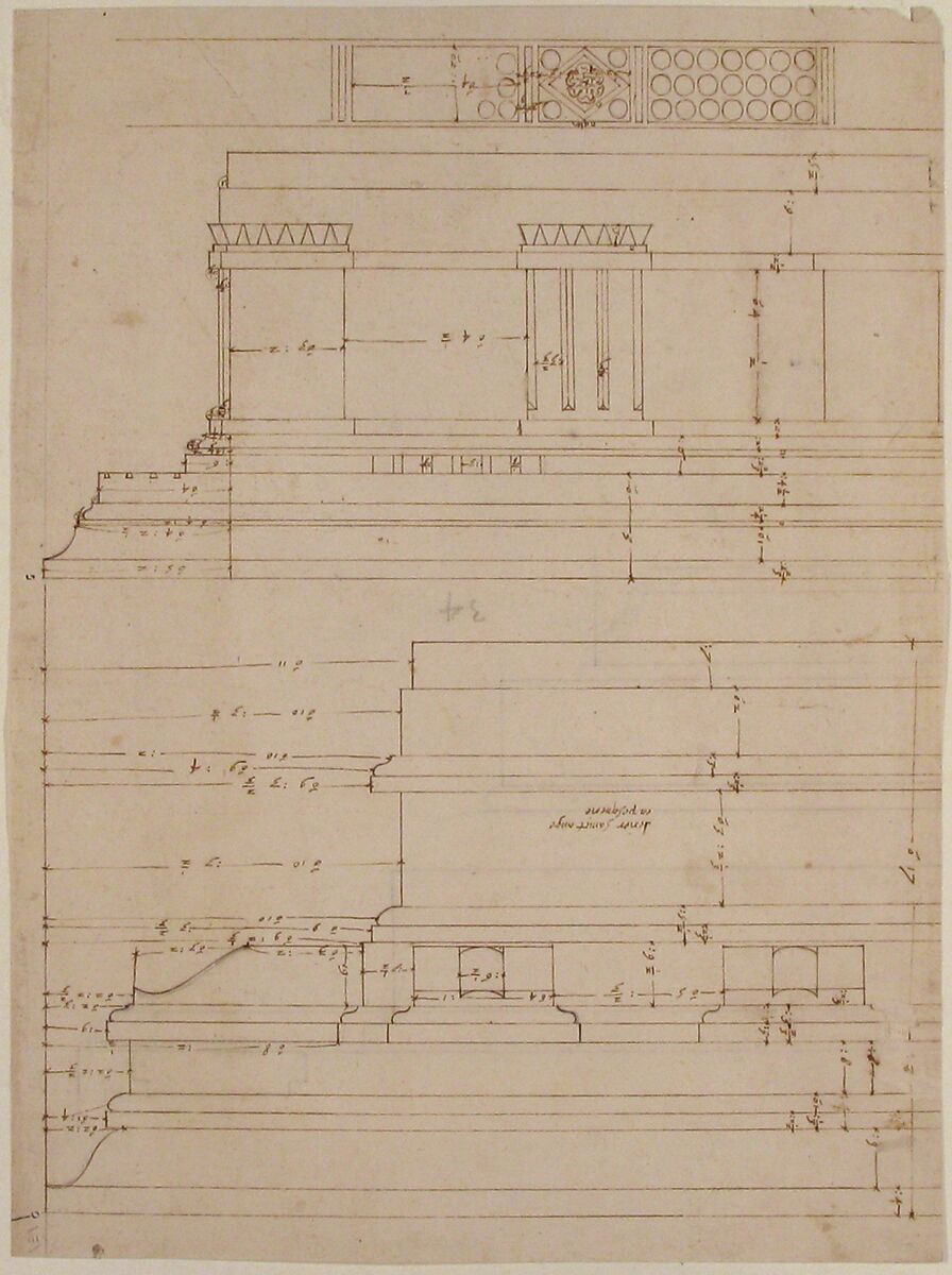 Unidentified, Doric cornice, elevation; Theater of Marcellus, Doric cornice, elevation (recto) Unidentified, cornice, elevation (verso), Drawn by Anonymous, French, 16th century, Dark brown ink, black chalk, and incised lines