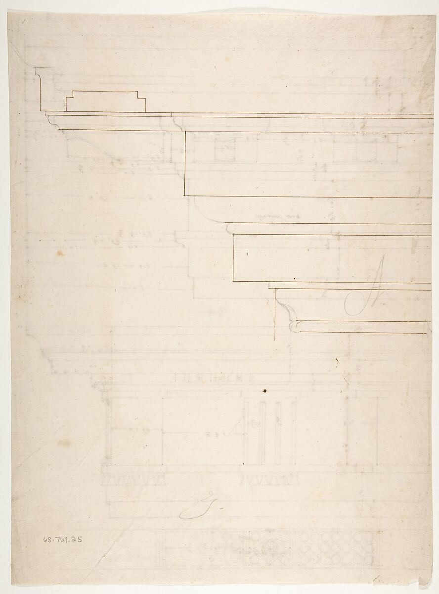 Unidentified, Doric cornice, elevation; Theater of Marcellus, Doric cornice, elevation (recto) Unidentified, cornice, elevation (verso), Drawn by Anonymous, French, 16th century, Dark brown ink, black chalk, and incised lines