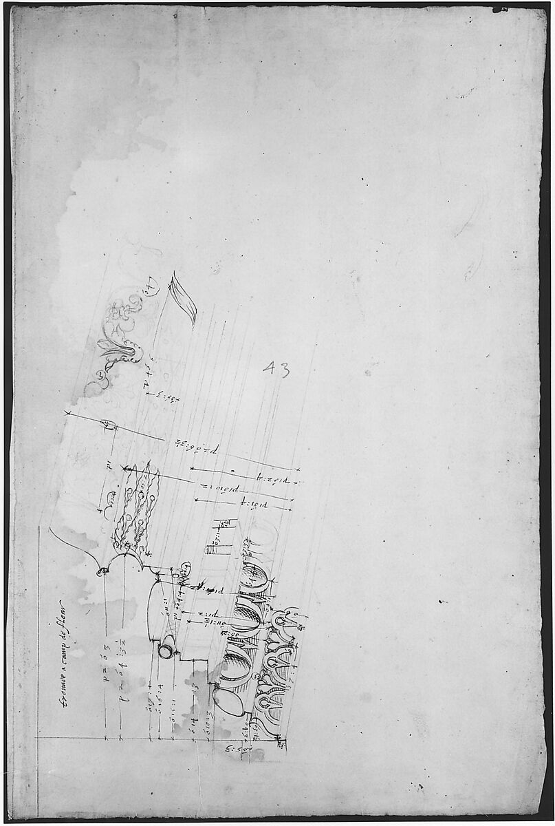 Unidentified, cornice, projection (recto) blank (verso), Drawn by Anonymous, French, 16th century, Dark brown ink, black chalk, and incised lines
