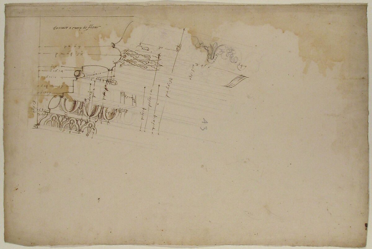 Unidentified, cornice, projection (recto) blank (verso), Drawn by Anonymous, French, 16th century, Dark brown ink, black chalk, and incised lines