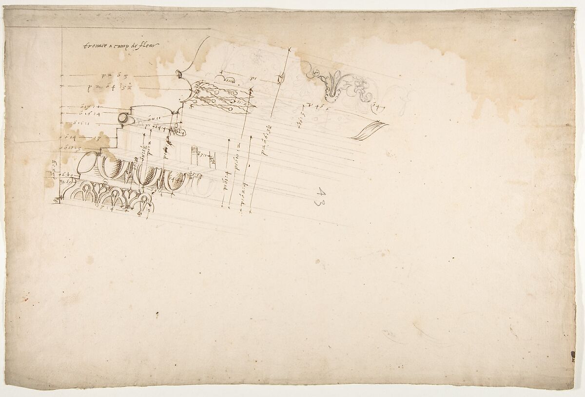 Unidentified, cornice, projection (recto) blank (verso), Drawn by Anonymous, French, 16th century, Dark brown ink, black chalk, and incised lines 