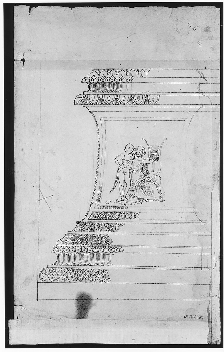 Domus Augustiana, cornice, profile projection (recto) Ara Grimani, base (verso), Drawn by Anonymous, French, 16th century, Dark brown ink, black chalk, and incised lines