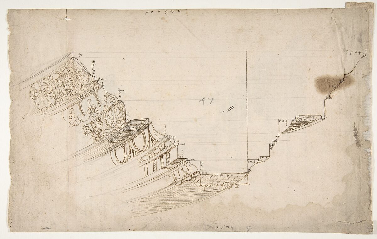 Domus Augustiana, cornice, profile projection (recto) Ara Grimani, base (verso), Drawn by Anonymous, French, 16th century, Dark brown ink, black chalk, and incised lines 