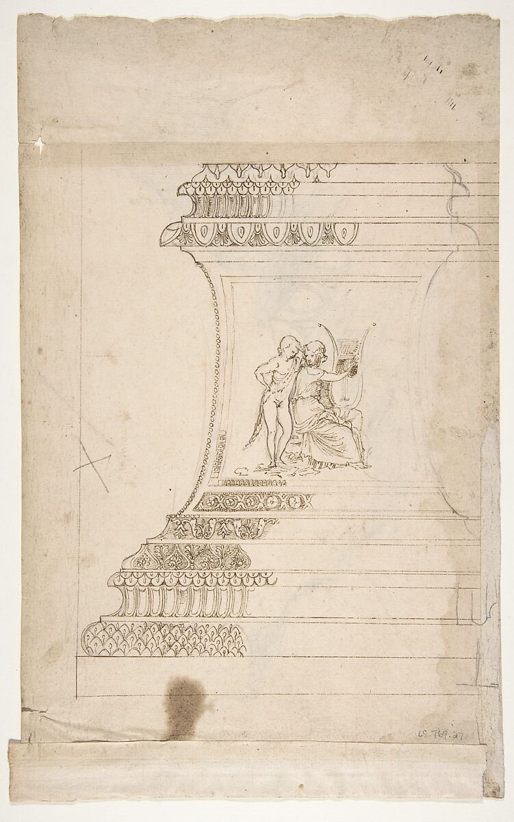 Domus Augustiana, cornice, profile projection (recto) Ara Grimani, base (verso), Drawn by Anonymous, French, 16th century, Dark brown ink, black chalk, and incised lines