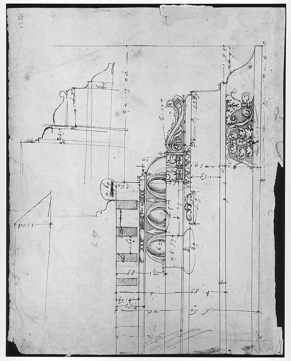 Arco dei Pantani, Forum of Augustus, cornice, elevation; schematic elevation (recto) Temple of Apollo Sosiano, column base, elevation (verso), Drawn by Anonymous, French, 16th century, Dark brown ink, black chalk, and incised lines