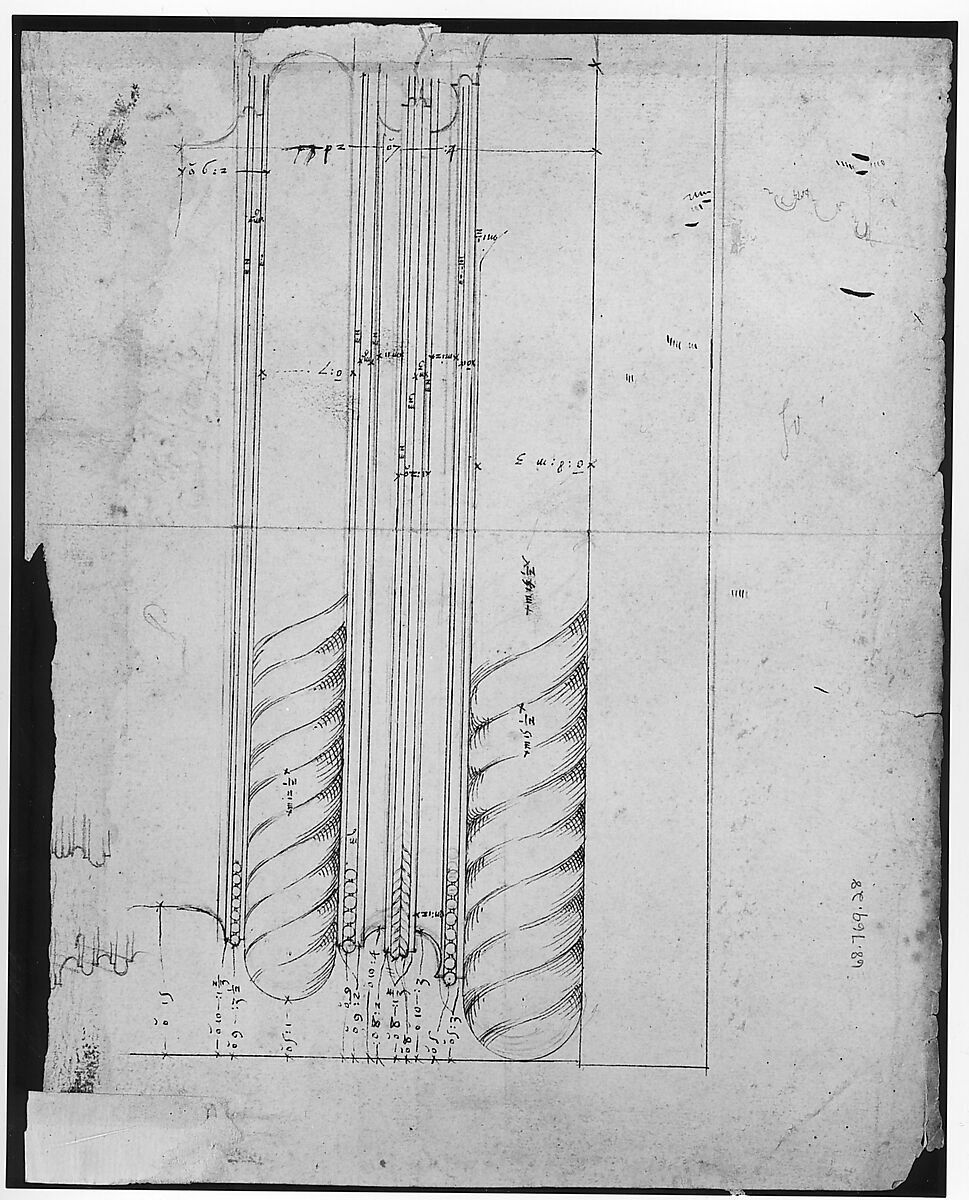 Arco dei Pantani, Forum of Augustus, cornice, elevation; schematic elevation (recto) Temple of Apollo Sosiano, column base, elevation (verso), Drawn by Anonymous, French, 16th century, Dark brown ink, black chalk, and incised lines