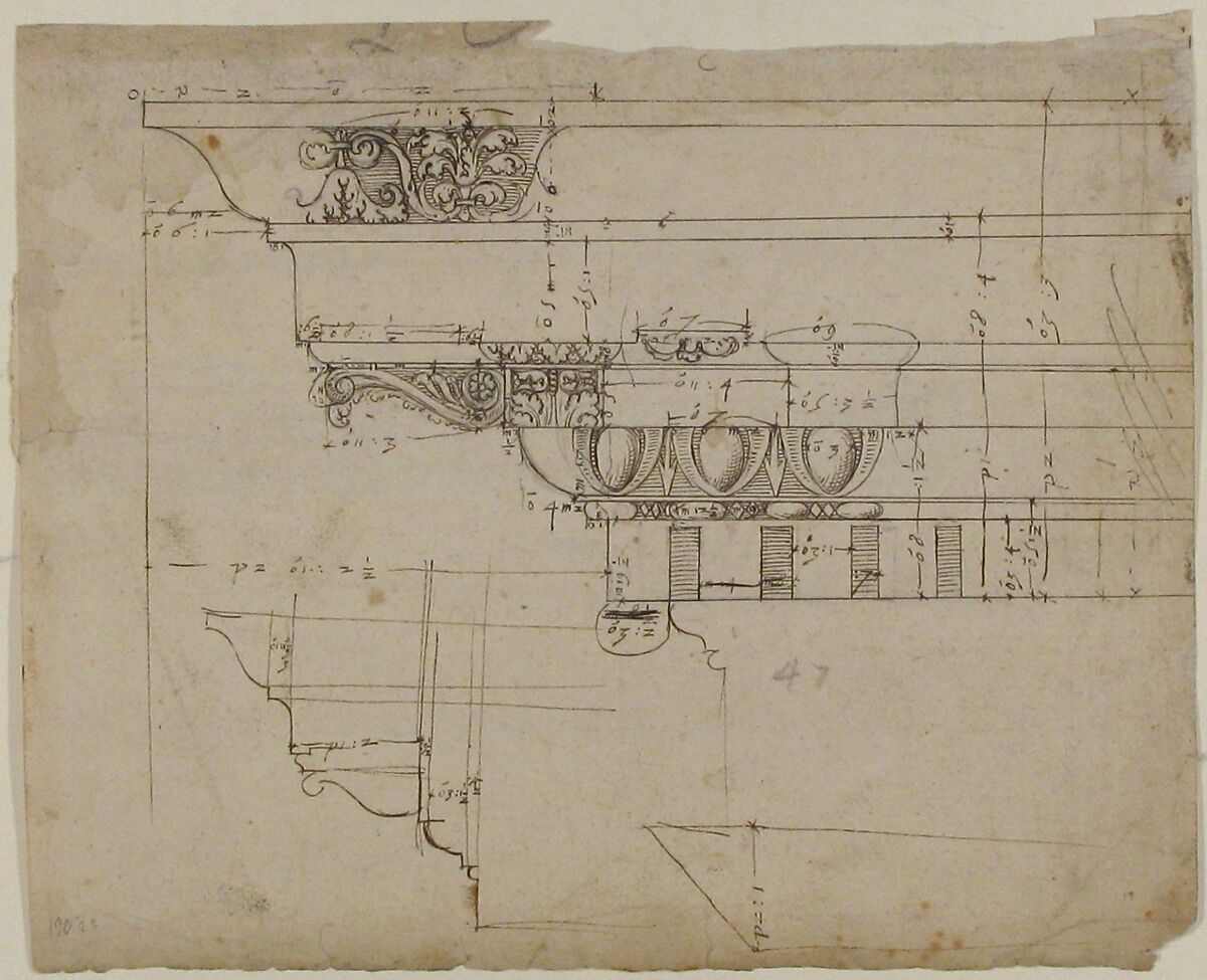 Arco dei Pantani, Forum of Augustus, cornice, elevation; schematic elevation (recto) Temple of Apollo Sosiano, column base, elevation (verso), Drawn by Anonymous, French, 16th century, Dark brown ink, black chalk, and incised lines