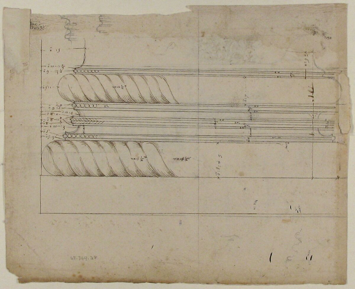 Arco dei Pantani, Forum of Augustus, cornice, elevation; schematic elevation (recto) Temple of Apollo Sosiano, column base, elevation (verso), Drawn by Anonymous, French, 16th century, Dark brown ink, black chalk, and incised lines