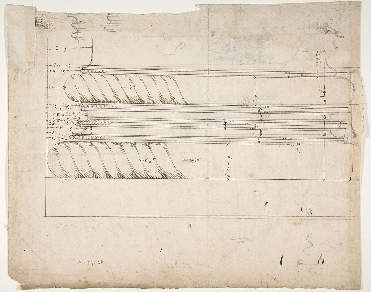 Arco dei Pantani, Forum of Augustus, cornice, elevation; schematic elevation (recto) Temple of Apollo Sosiano, column base, elevation (verso), Drawn by Anonymous, French, 16th century, Dark brown ink, black chalk, and incised lines