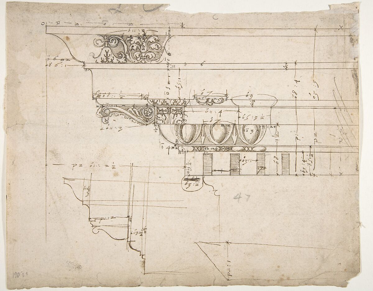 Arco dei Pantani, Forum of Augustus, cornice, elevation; schematic elevation (recto) Temple of Apollo Sosiano, column base, elevation (verso), Drawn by Anonymous, French, 16th century, Dark brown ink, black chalk, and incised lines 