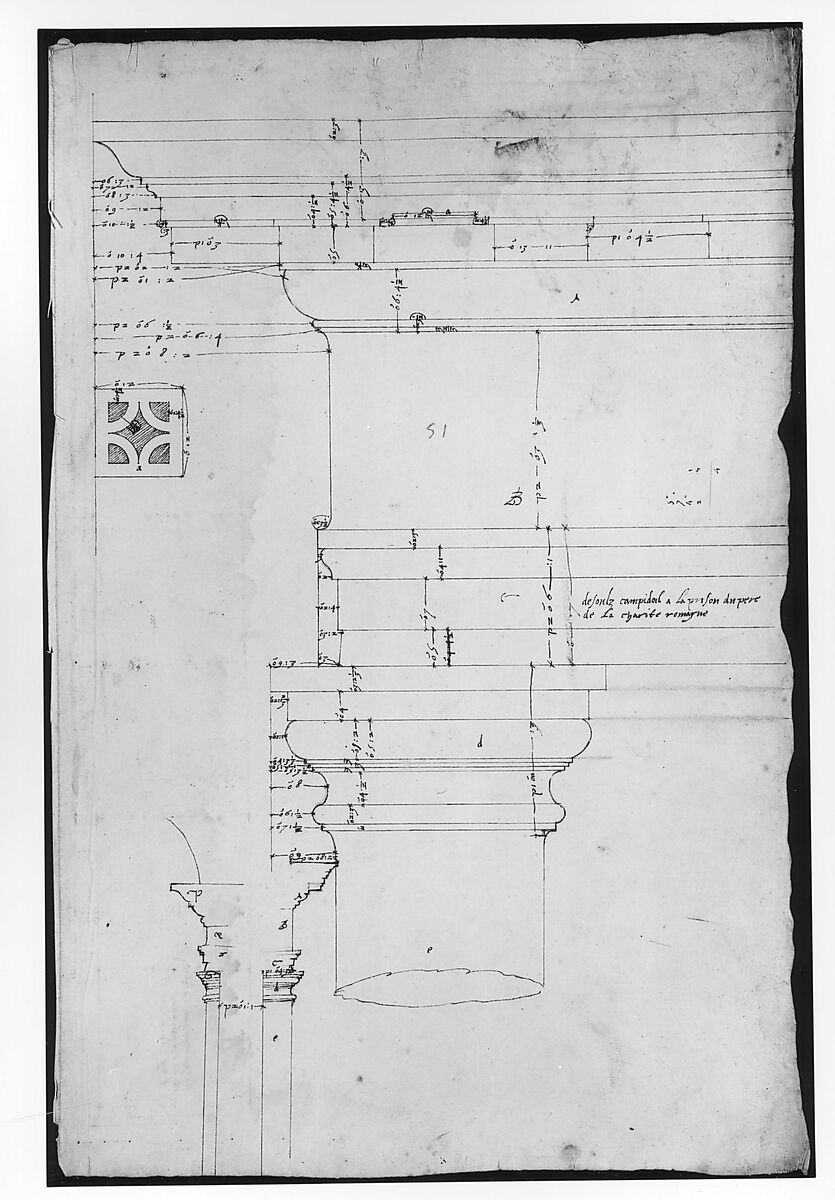 Portico at the Porta Carmentalis, Tuscan capital and entablature, elevation; pier, section, detail (recto) S. Prassede, Quadriportico, Doric capital, elevation; Palazzo Massimo alle Colonne, column shaft, profile (verso), Drawn by Anonymous, French, 16th century, Dark brown ink, black chalk, and incised lines