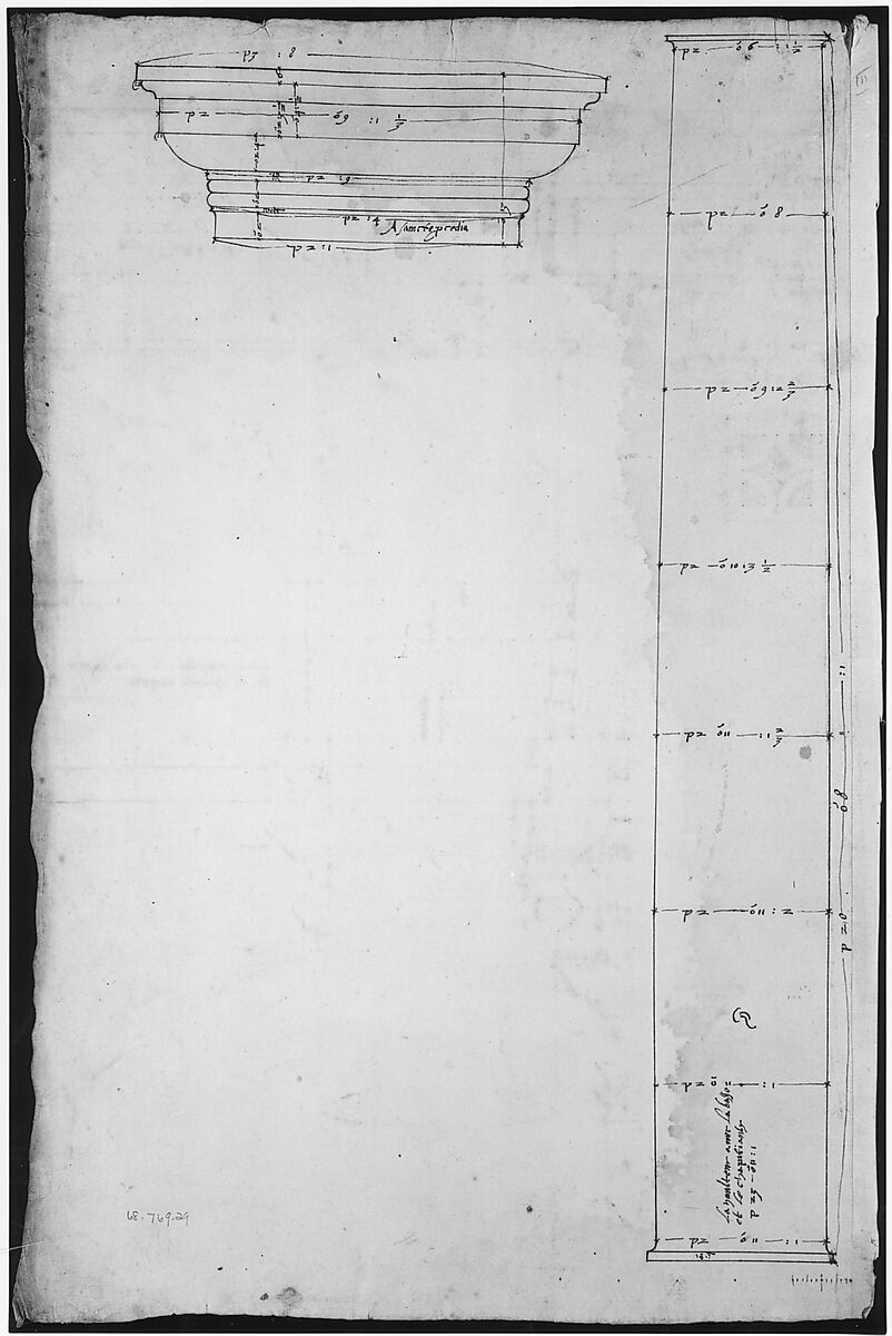 Portico at the Porta Carmentalis, Tuscan capital and entablature, elevation; pier, section, detail (recto) S. Prassede, Quadriportico, Doric capital, elevation; Palazzo Massimo alle Colonne, column shaft, profile (verso), Drawn by Anonymous, French, 16th century, Dark brown ink, black chalk, and incised lines