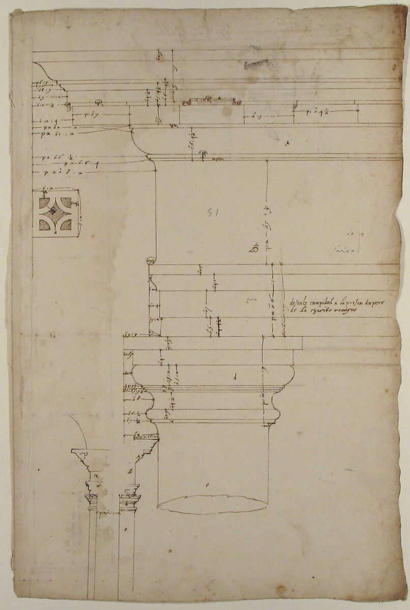 Portico at the Porta Carmentalis, Tuscan capital and entablature, elevation; pier, section, detail (recto) S. Prassede, Quadriportico, Doric capital, elevation; Palazzo Massimo alle Colonne, column shaft, profile (verso), Drawn by Anonymous, French, 16th century, Dark brown ink, black chalk, and incised lines