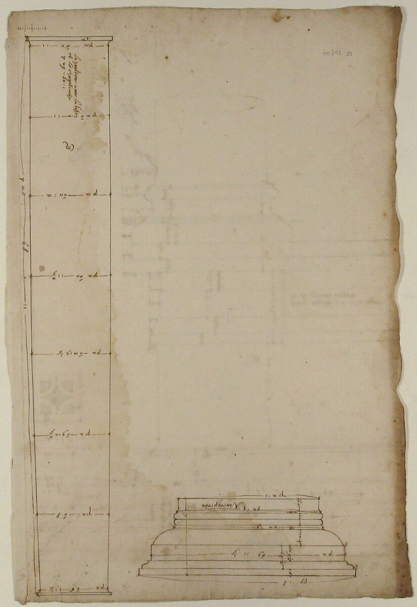 Portico at the Porta Carmentalis, Tuscan capital and entablature, elevation; pier, section, detail (recto) S. Prassede, Quadriportico, Doric capital, elevation; Palazzo Massimo alle Colonne, column shaft, profile (verso), Drawn by Anonymous, French, 16th century, Dark brown ink, black chalk, and incised lines
