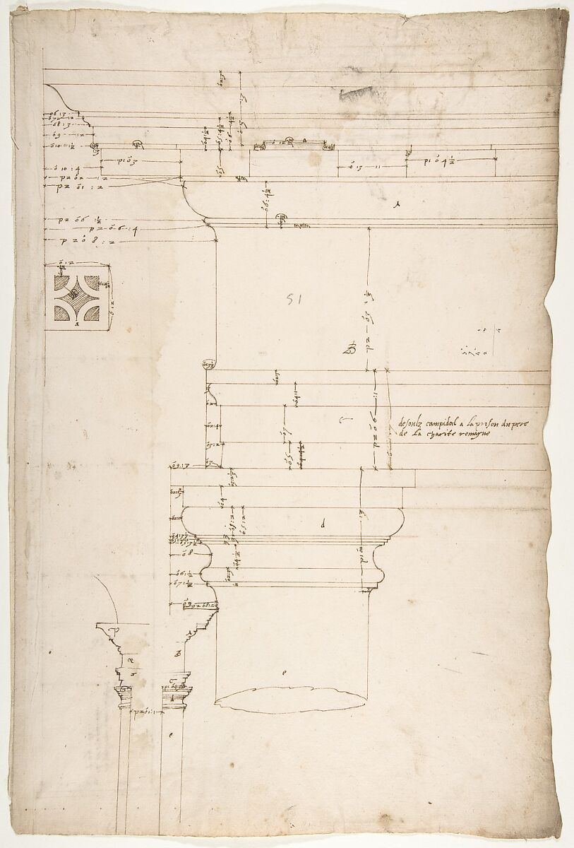 Portico at the Porta Carmentalis, Tuscan capital and entablature, elevation; pier, section, detail (recto) S. Prassede, Quadriportico, Doric capital, elevation; Palazzo Massimo alle Colonne, column shaft, profile (verso), Drawn by Anonymous, French, 16th century, Dark brown ink, black chalk, and incised lines 