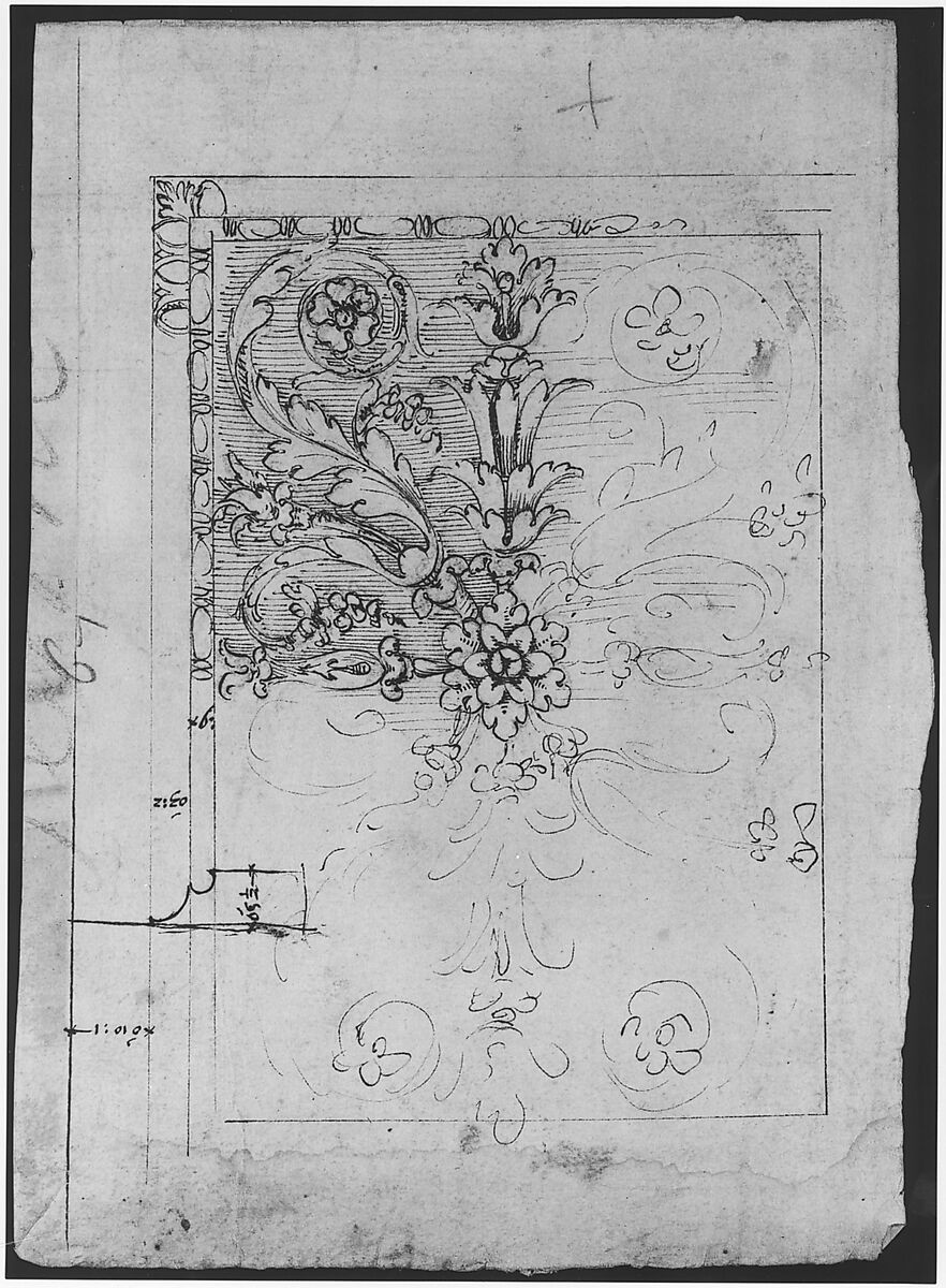 Temple of Castor and Pollux, soffit panel, ceiling plan (recto) Unidentified, stucco or fresco, details (verso), Drawn by Anonymous, French, 16th century, Dark brown ink, black chalk, and incised lines
