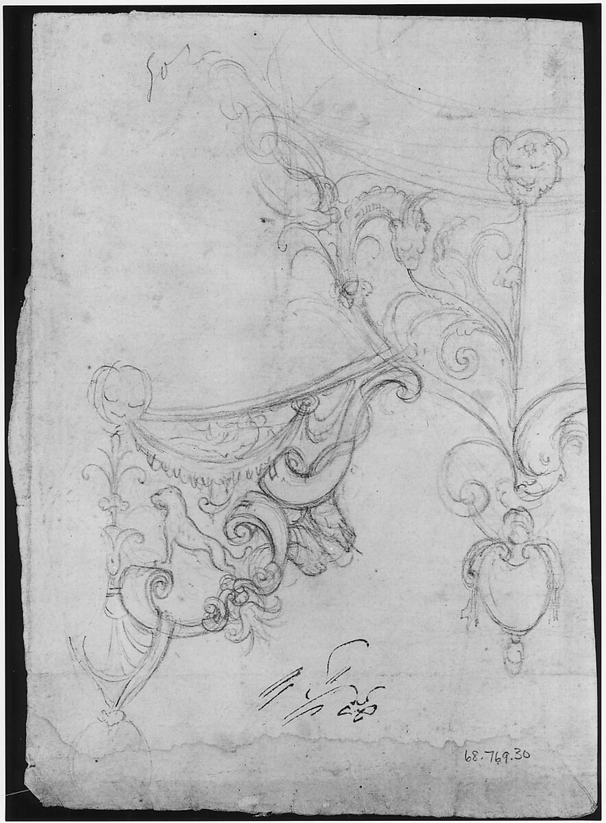 Temple of Castor and Pollux, soffit panel, ceiling plan (recto) Unidentified, stucco or fresco, details (verso), Drawn by Anonymous, French, 16th century, Dark brown ink, black chalk, and incised lines