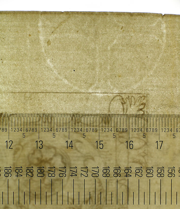 Temple of Castor and Pollux, soffit panel, ceiling plan (recto) Unidentified, stucco or fresco, details (verso), Drawn by Anonymous, French, 16th century, Dark brown ink, black chalk, and incised lines