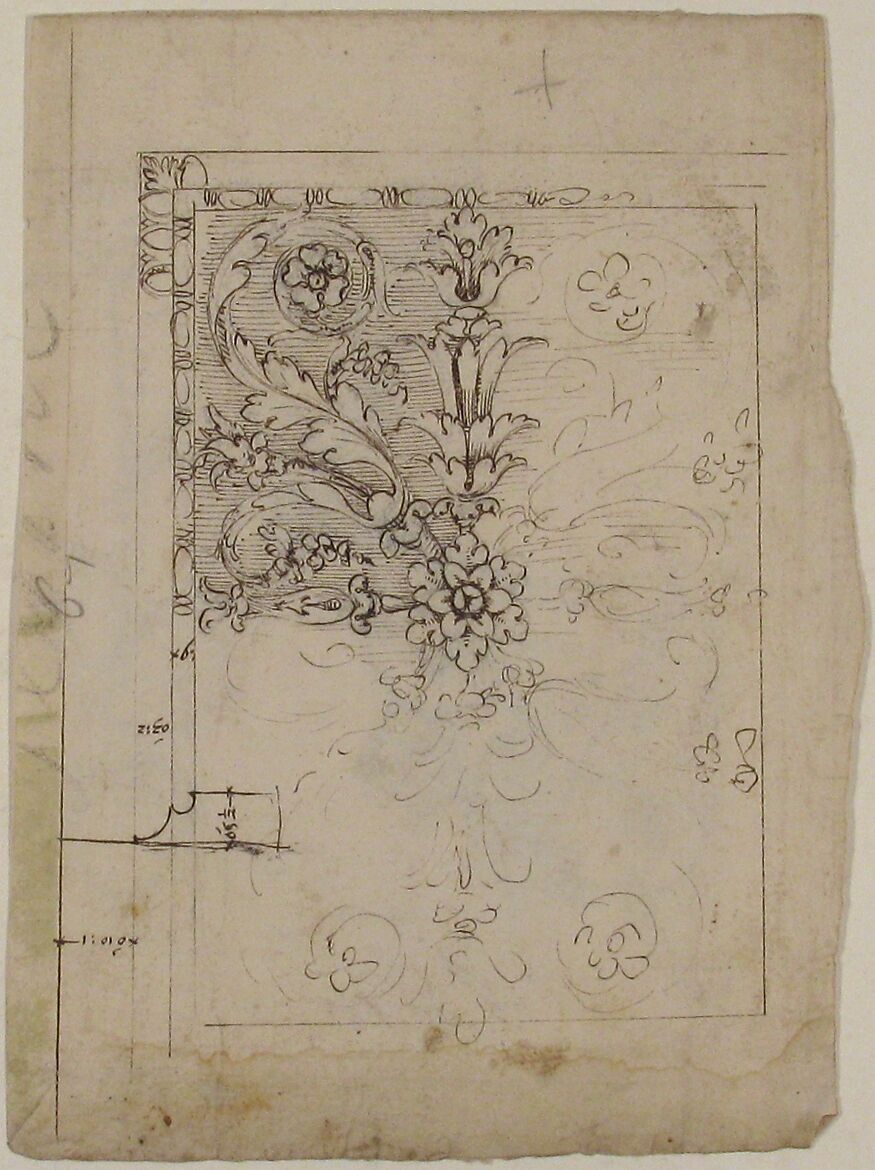 Temple of Castor and Pollux, soffit panel, ceiling plan (recto) Unidentified, stucco or fresco, details (verso), Drawn by Anonymous, French, 16th century, Dark brown ink, black chalk, and incised lines
