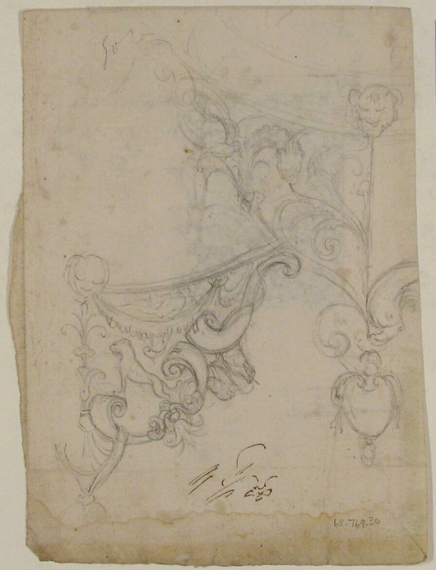 Temple of Castor and Pollux, soffit panel, ceiling plan (recto) Unidentified, stucco or fresco, details (verso), Drawn by Anonymous, French, 16th century, Dark brown ink, black chalk, and incised lines